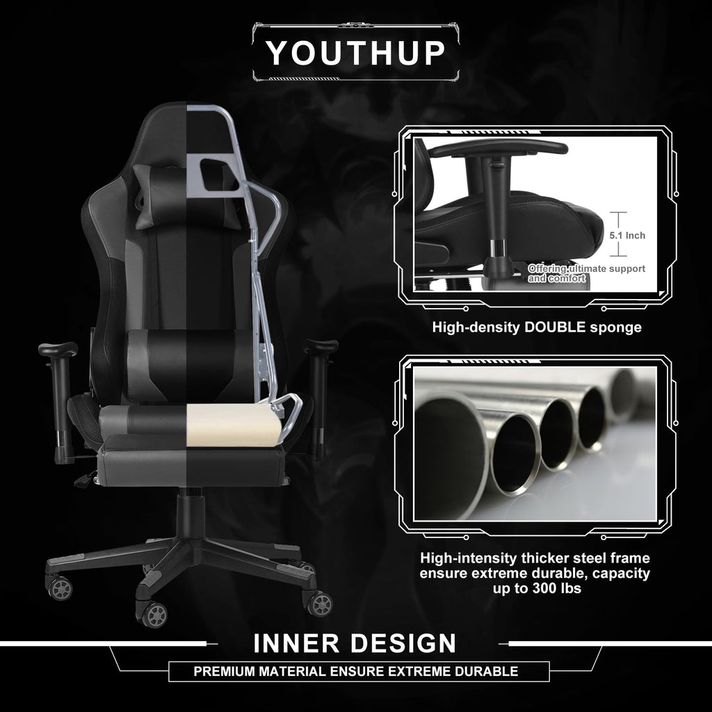 Gaming-Stuhl mit RGB-LED & Lautsprechern, ergonomischer Racing-Sessel mit Fußstütze, Schwarz