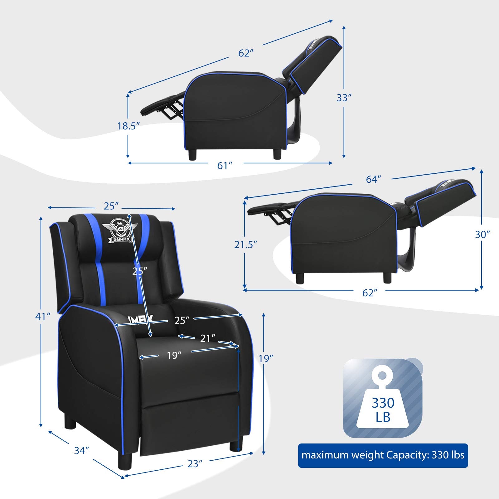 POWERSTONE Gaming-Sessel, verstellbarer Relaxsessel mit Fußstütze & Lendenkissen, Kunstleder, Blau