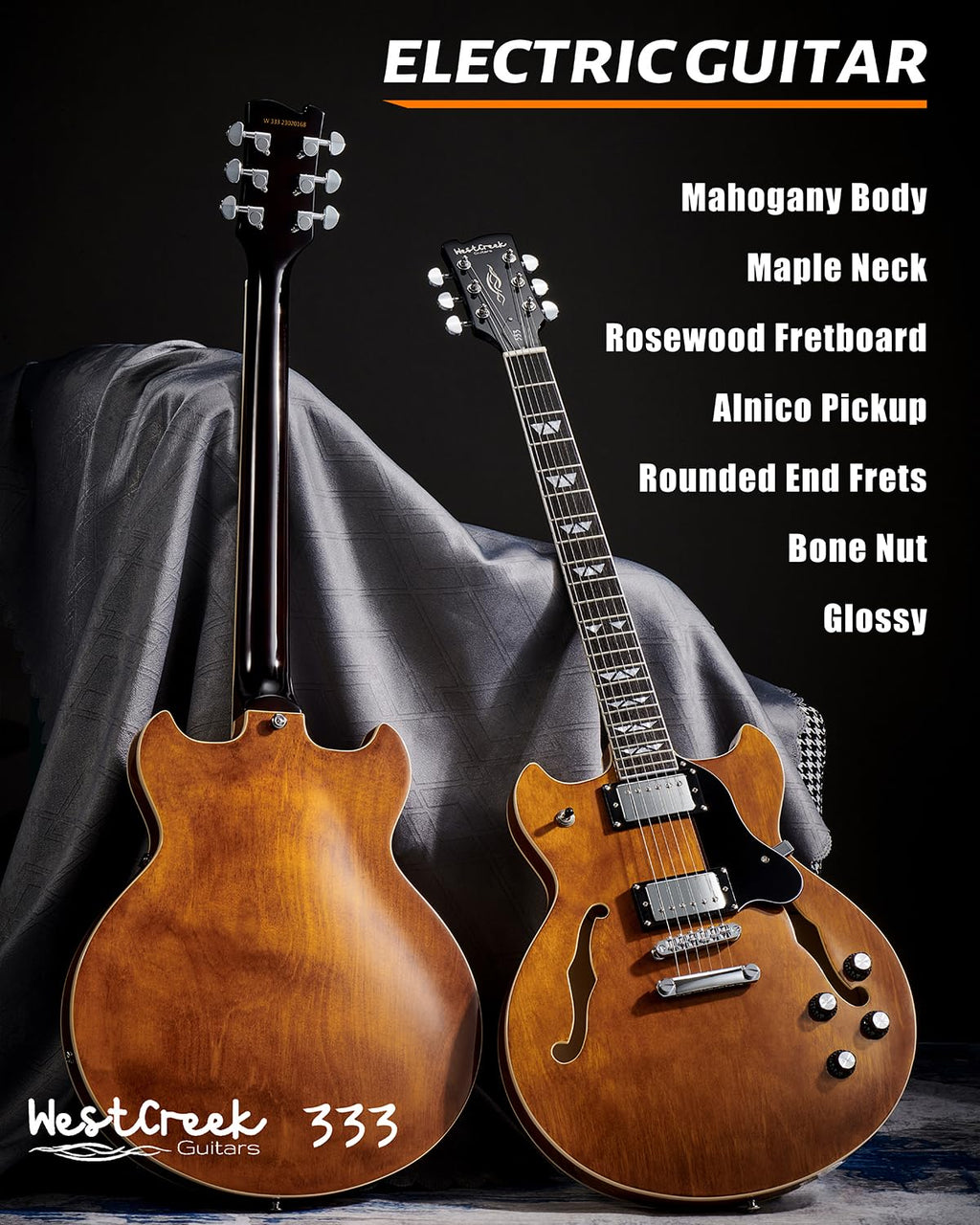 WestCreek 333 Humbucker E-Gitarre mit Palisander-Griffbrett