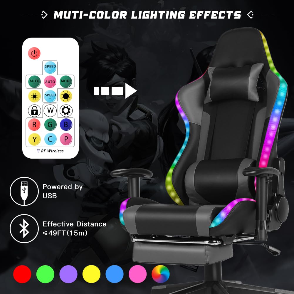Gaming-Stuhl mit RGB-LED & Lautsprechern, ergonomischer Racing-Sessel mit Fußstütze, Schwarz