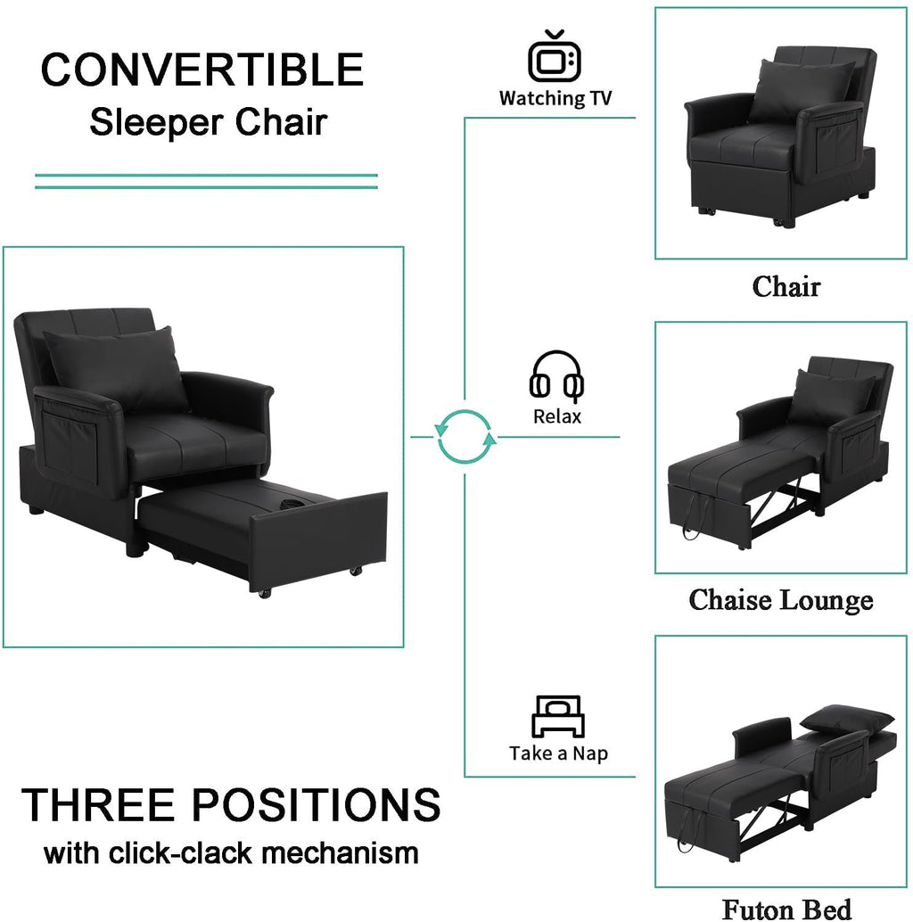 BINGTOO 3-in-1 Schlafsofa-Sessel, ausziehbares Gästebett, modern, Schwarz, 100 x 67 cm