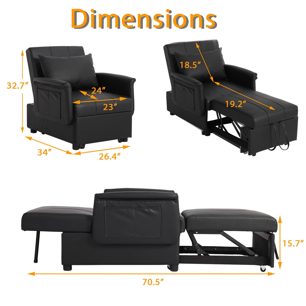 BINGTOO 3-in-1 Schlafsofa-Sessel, ausziehbares Gästebett, modern, Schwarz, 100 x 67 cm