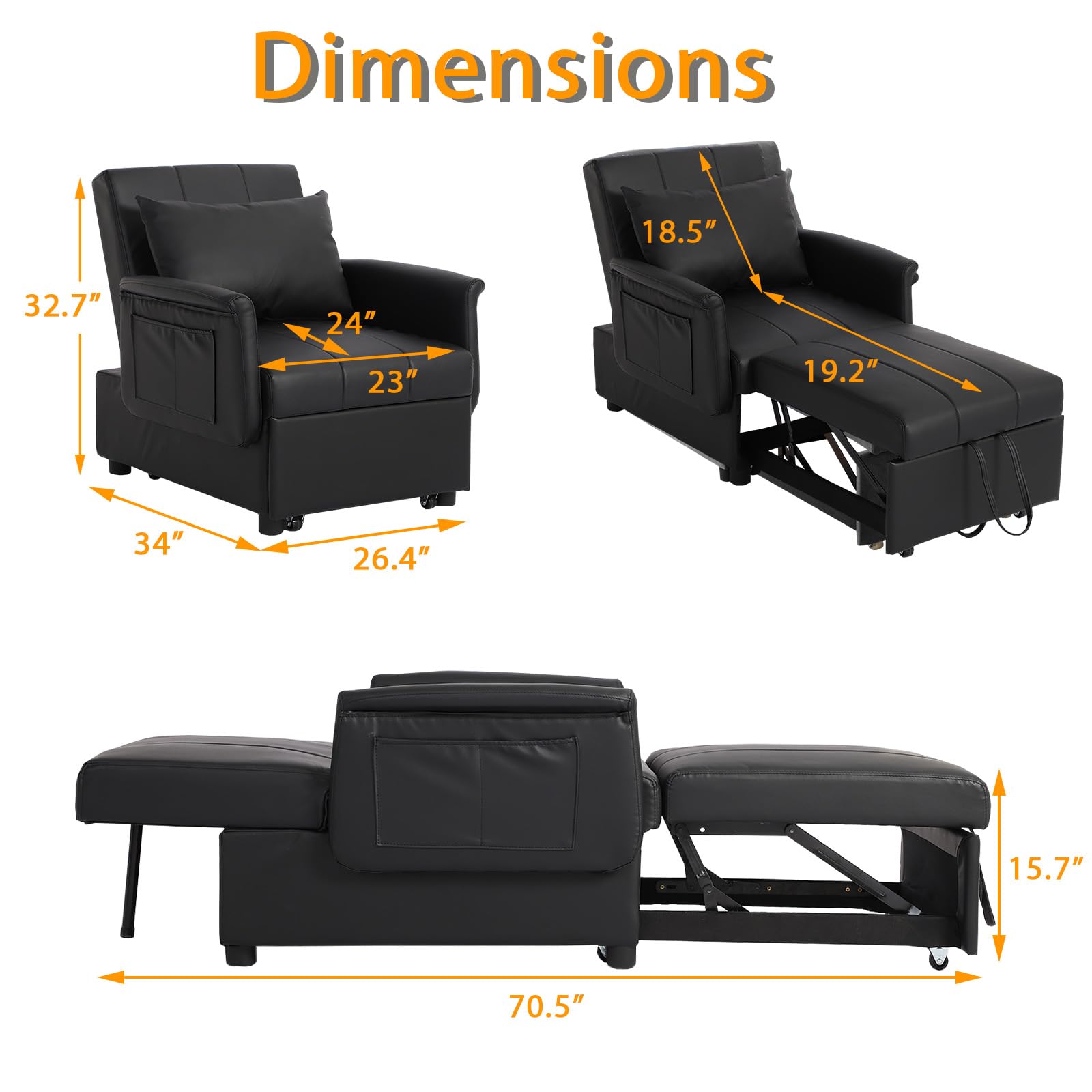 BINGTOO 3-in-1 Schlafsofa-Sessel, ausziehbares Gästebett, modern, Schwarz, 100 x 67 cm