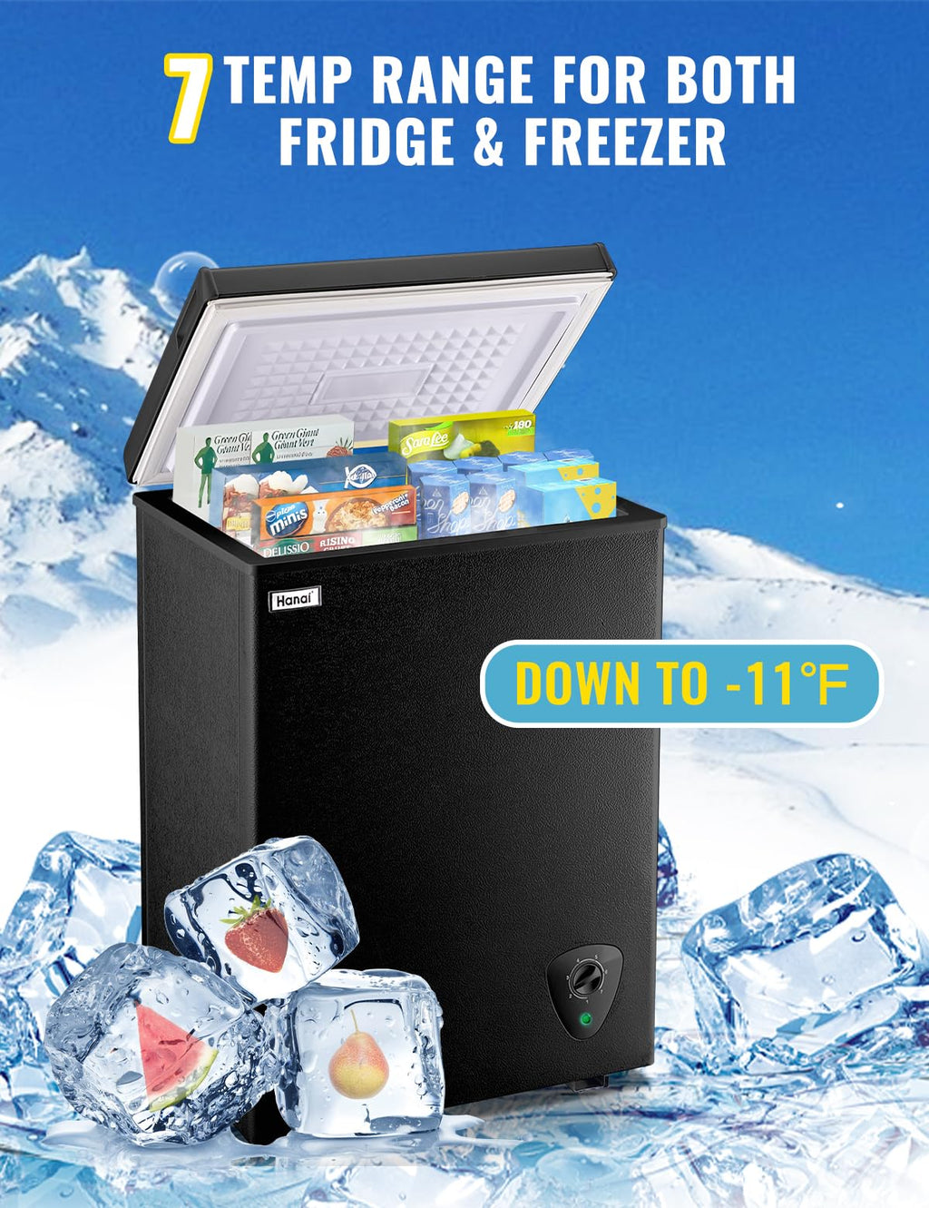 WANAI Gefriertruhe 99 Liter, 3,5 cu. ft. Mini-Gefrierschrank, 7 Temperaturstufen, leise, mit Korb
