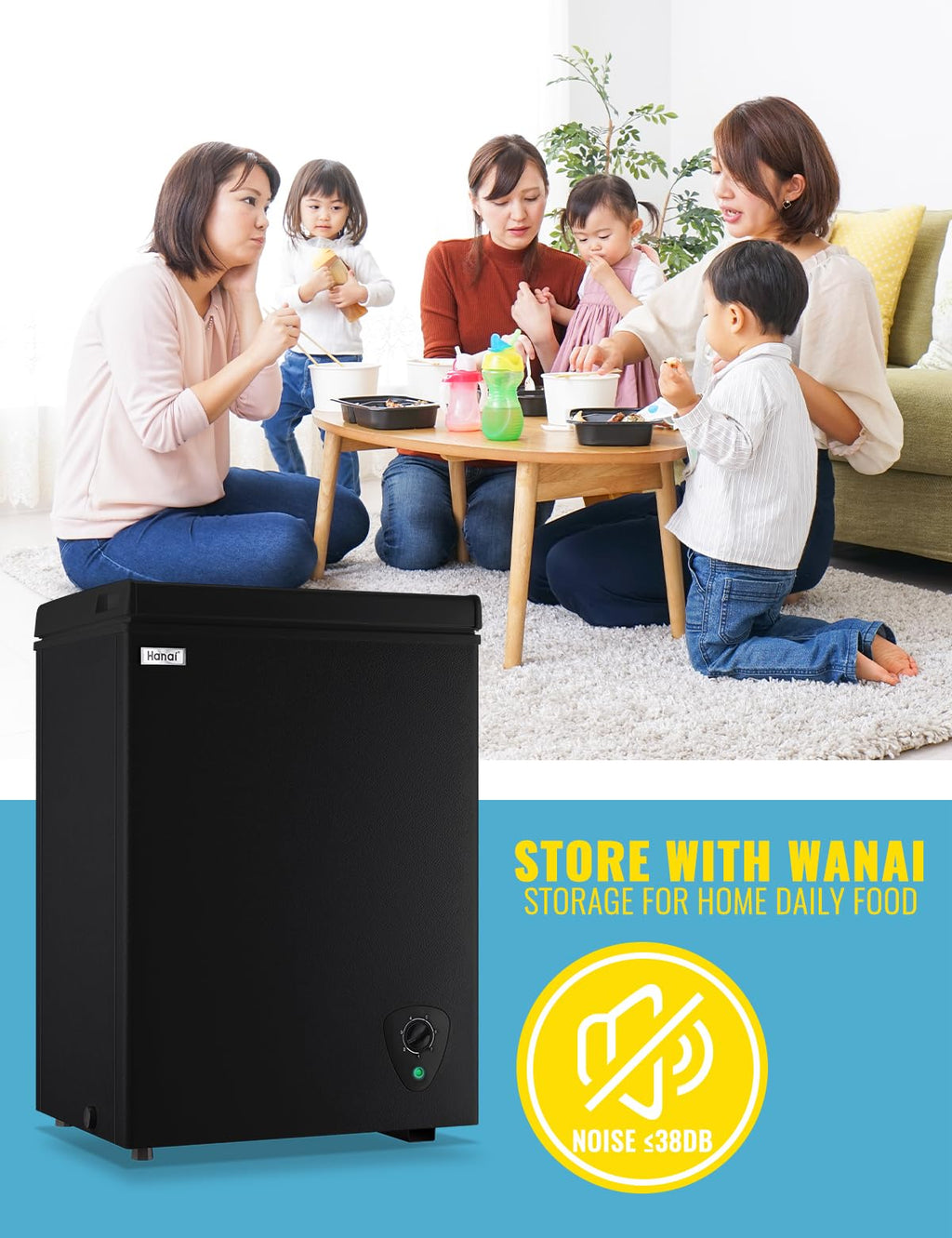 WANAI Gefriertruhe 99 Liter, 3,5 cu. ft. Mini-Gefrierschrank, 7 Temperaturstufen, leise, mit Korb