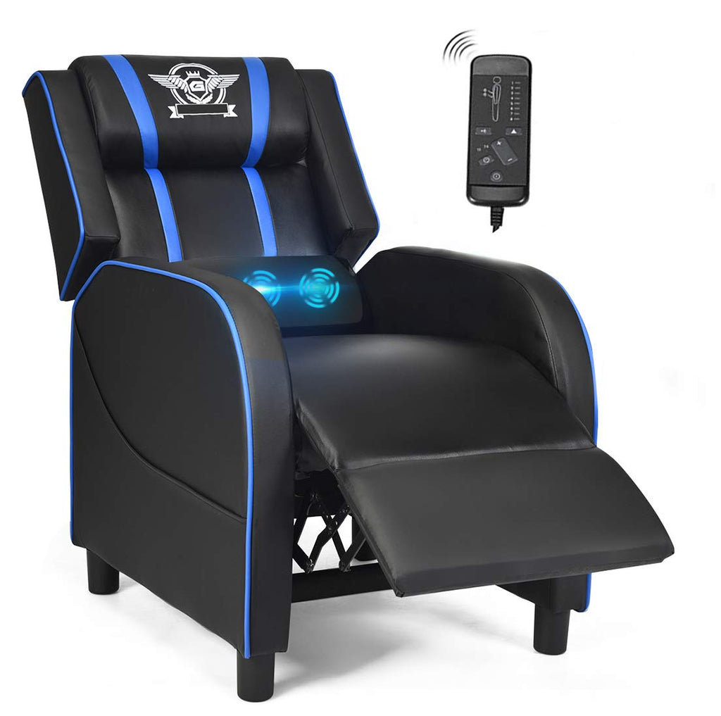 POWERSTONE Gaming-Sessel, verstellbarer Relaxsessel mit Fußstütze & Lendenkissen, Kunstleder, Blau