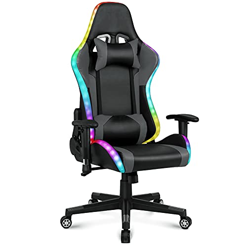 Gaming-Stuhl mit RGB-LED & Lautsprechern, ergonomischer Racing-Sessel mit Fußstütze, Schwarz