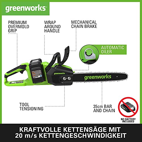 Greenworks Akku Kettensäge Kettengeschwindigkeit Schwertlänge Öltankvolumen