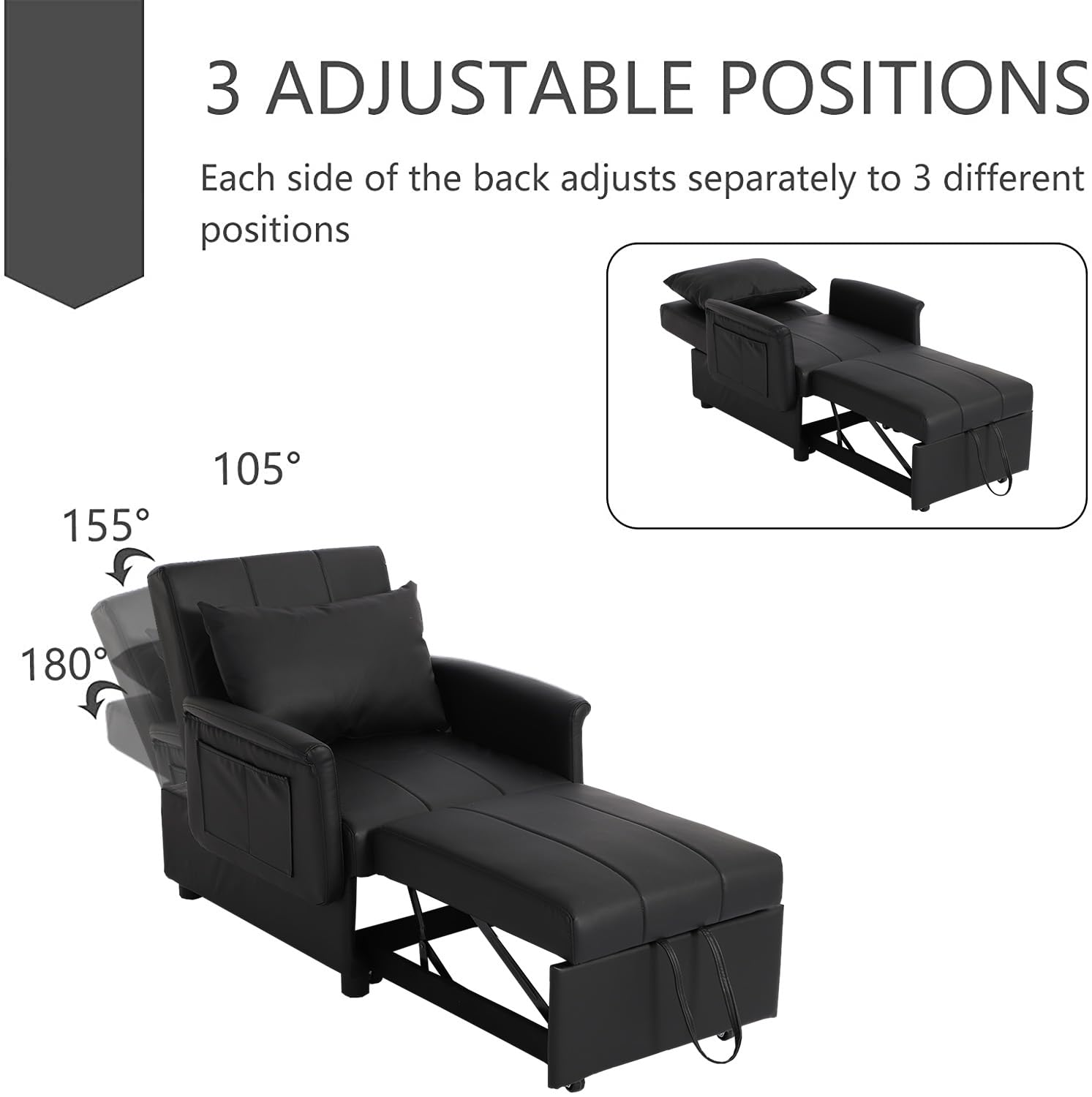 BINGTOO 3-in-1 Schlafsofa-Sessel, ausziehbares Gästebett, modern, Schwarz, 100 x 67 cm