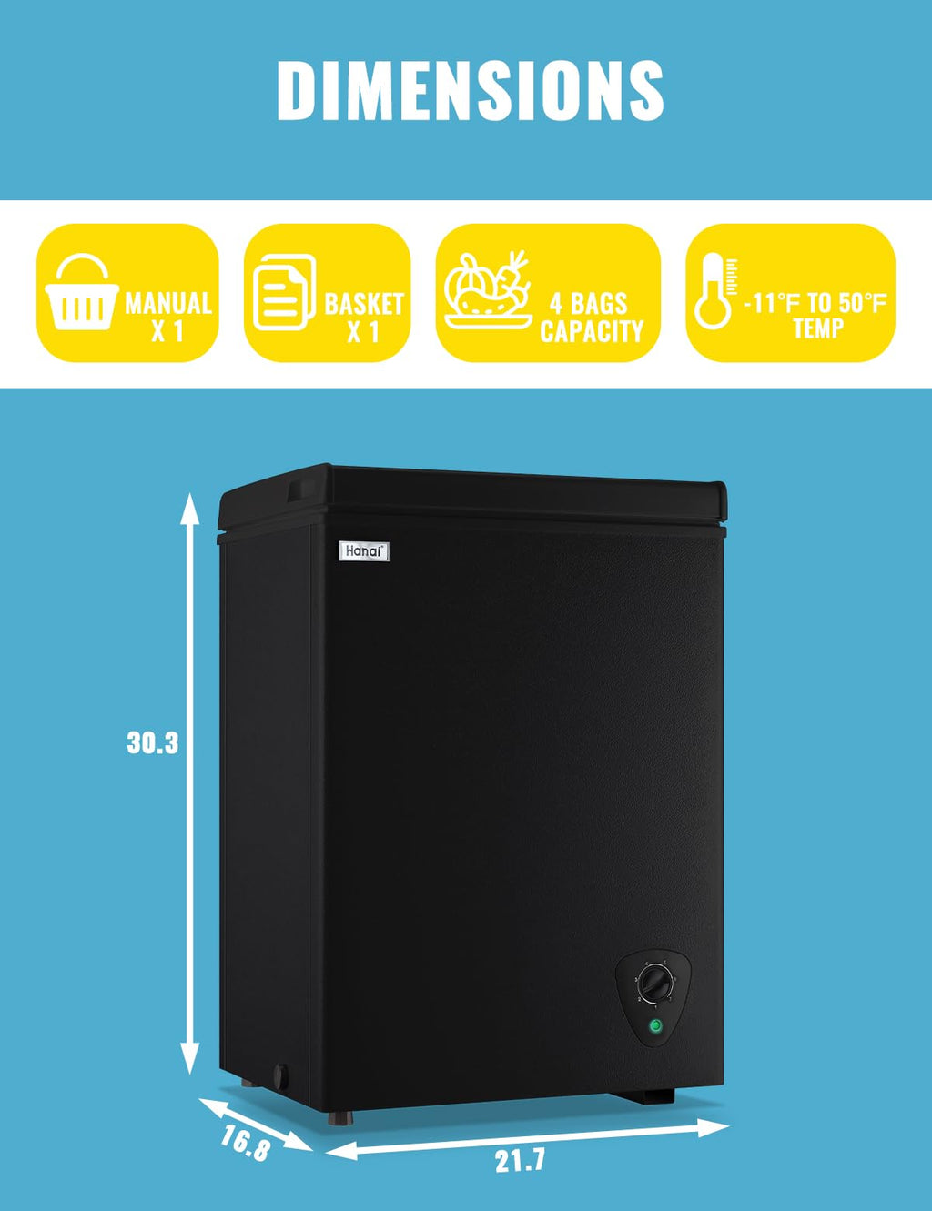 WANAI Gefriertruhe 99 Liter, 3,5 cu. ft. Mini-Gefrierschrank, 7 Temperaturstufen, leise, mit Korb