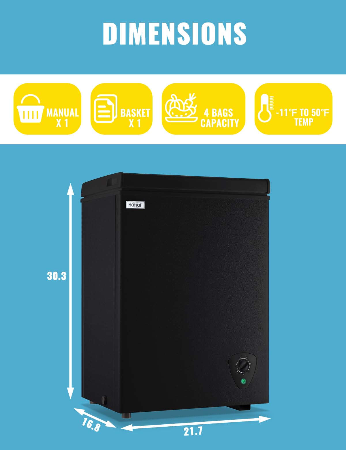 WANAI Gefriertruhe 99 Liter, 3,5 cu. ft. Mini-Gefrierschrank, 7 Temperaturstufen, leise, mit Korb