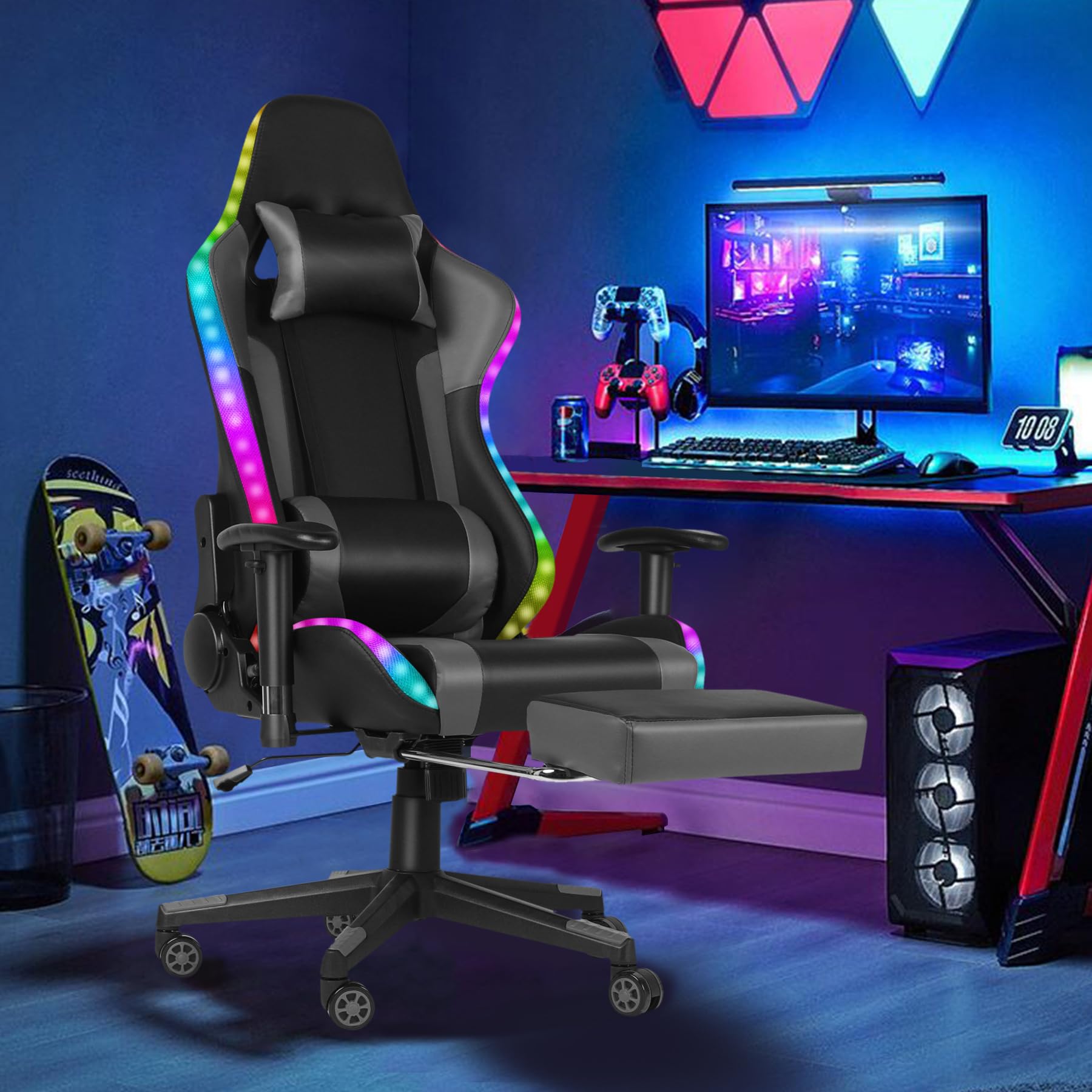 Gaming-Stuhl mit RGB-LED & Lautsprechern, ergonomischer Racing-Sessel mit Fußstütze, Schwarz